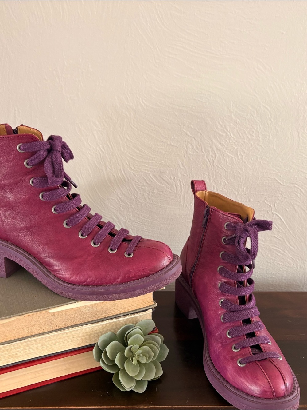 John Fluevog Plum Lace-Up Leather Boots with Purple Laces